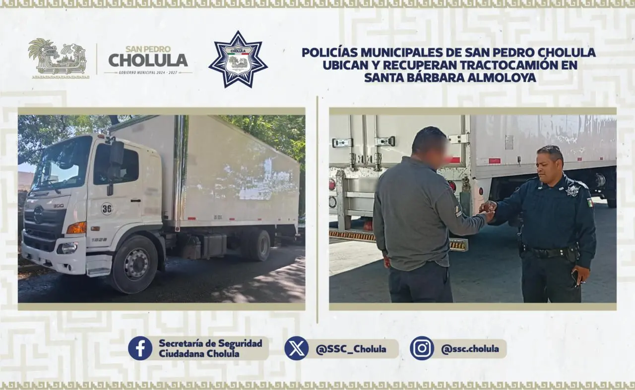 Recuperan tractocamión en San Pedro Cholula Santa Bárbara Almoloya