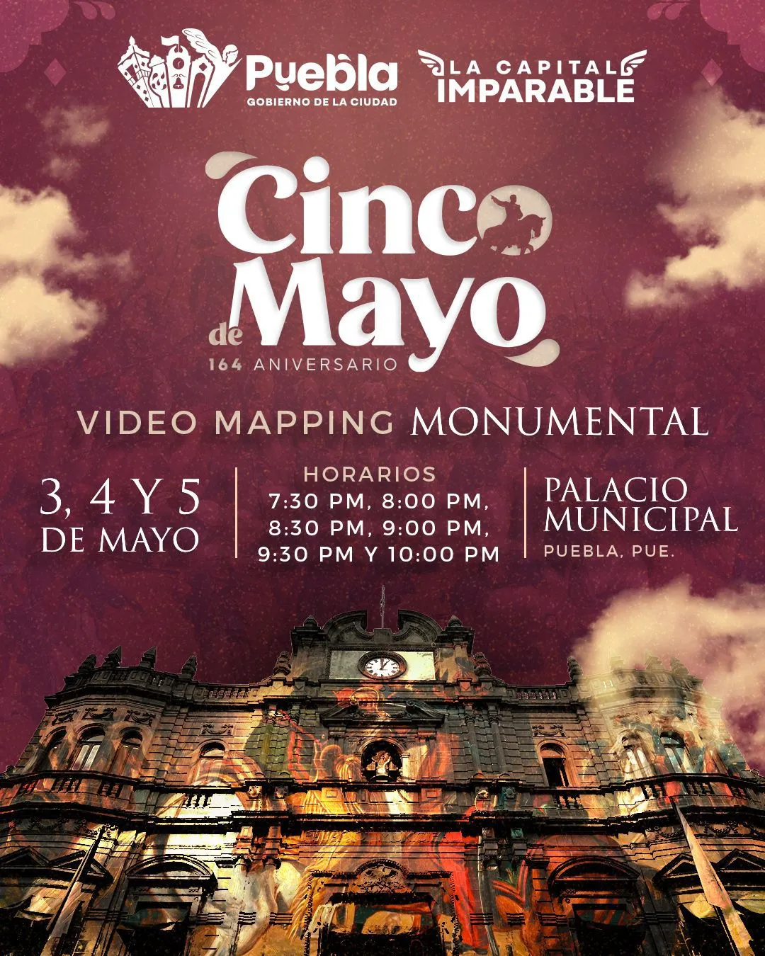 Videomapping Puebla 5 de mayo en Palacio Municipal luces