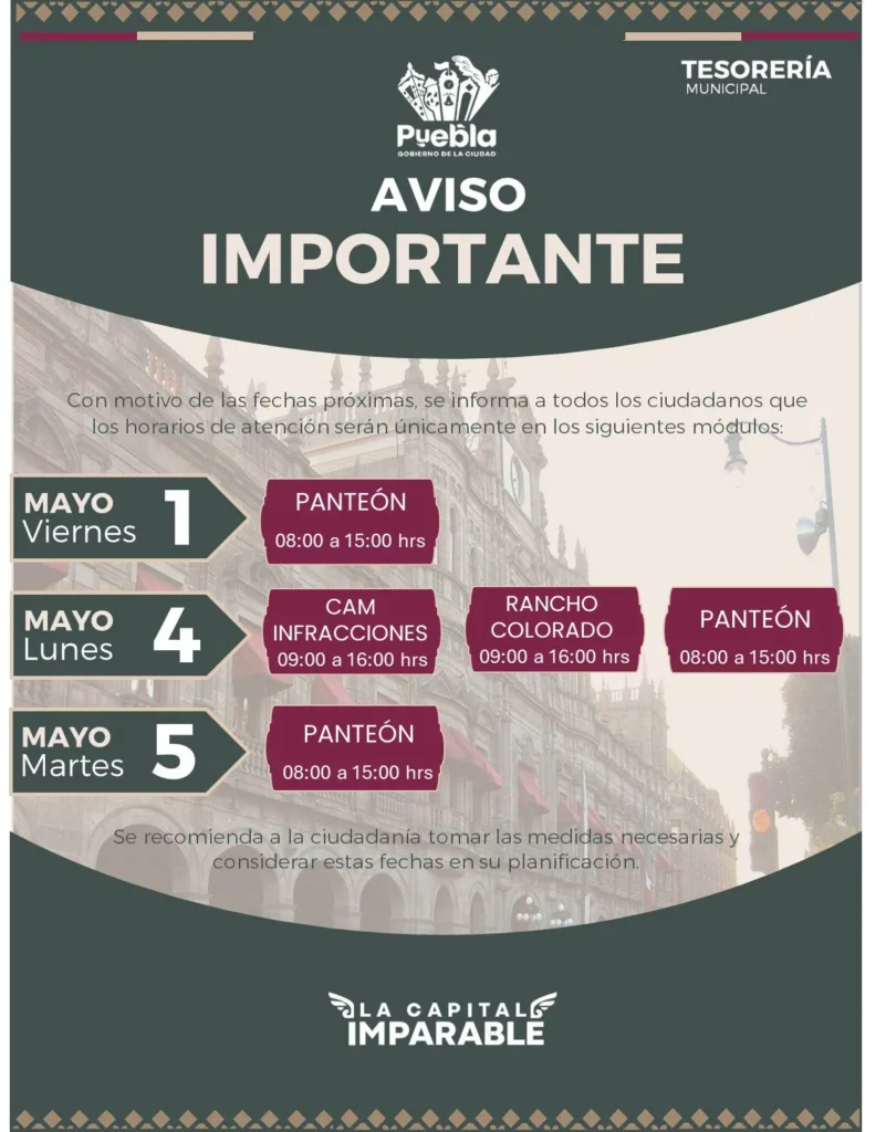 Horarios módulos de cobro Puebla mayo Tesorería