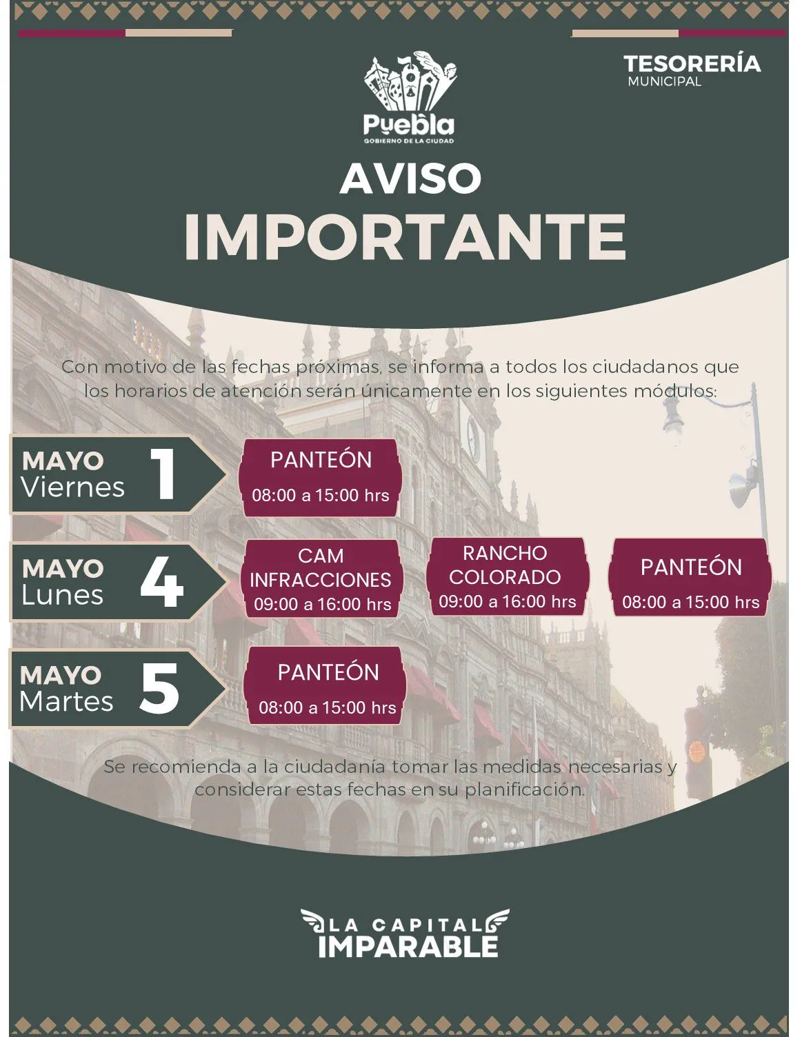 Horarios módulos de cobro Puebla mayo Tesorería